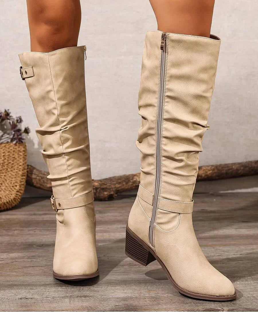 Women's Slouched Knee High Boots – Block Heel Double Buckle