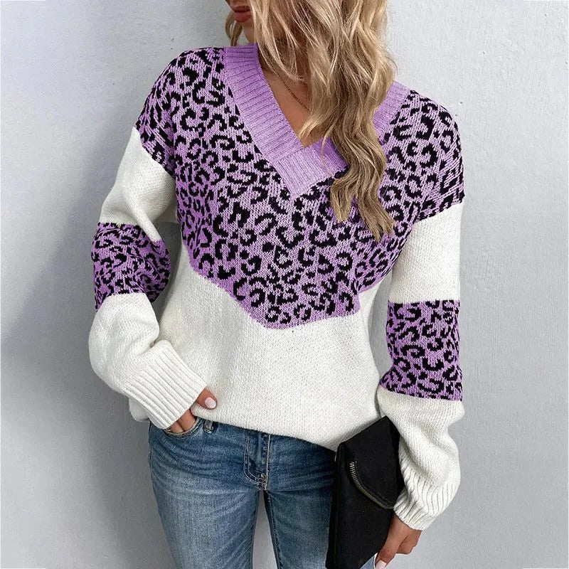 Women's Leopard Print Sweater – V-Neck