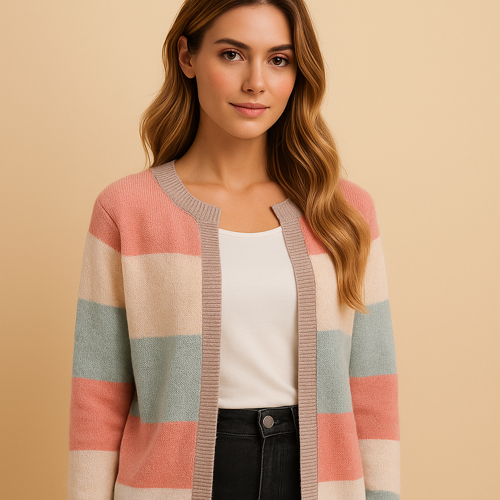 Women's Knit Cardigan – Striped Open-Front Knit Colour Block Pattern