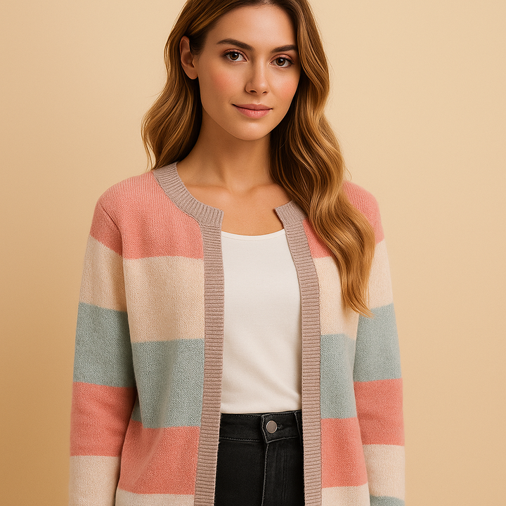 Women's Knit Cardigan – Striped Open-Front Knit Colour Block Pattern