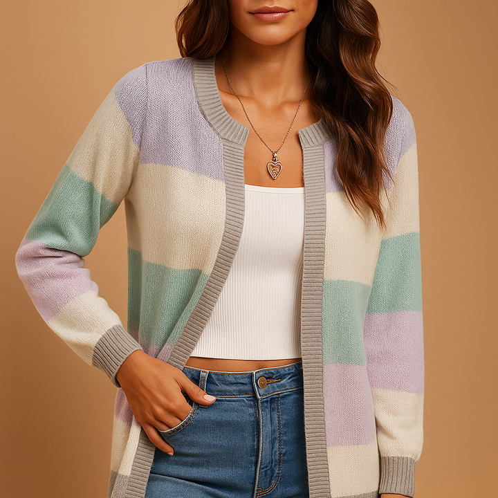 Women's Knit Cardigan – Striped Open-Front Knit Colour Block Pattern