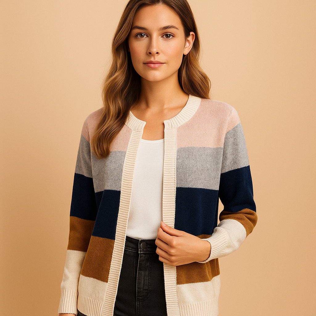 Women's Knit Cardigan – Striped Open-Front Knit Colour Block Pattern