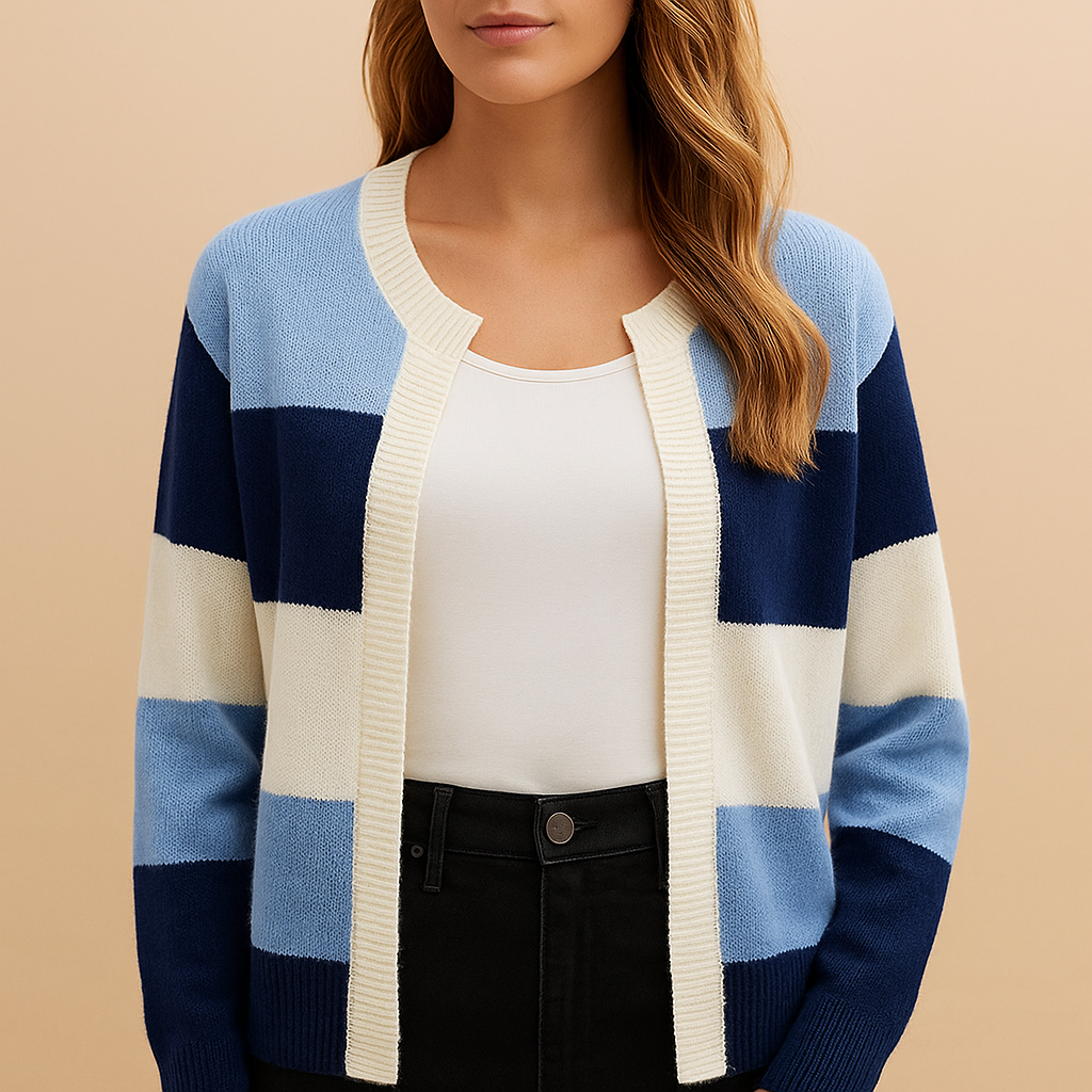 Women's Knit Cardigan – Striped Open-Front Knit Colour Block Pattern