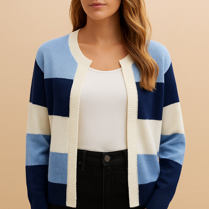 Women's Knit Cardigan – Striped Open-Front Knit Colour Block Pattern