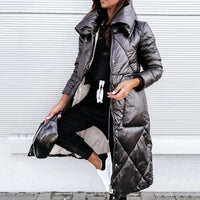 Women's Long Quilted Puffer Jacket – High Collar And Diamond Stitch