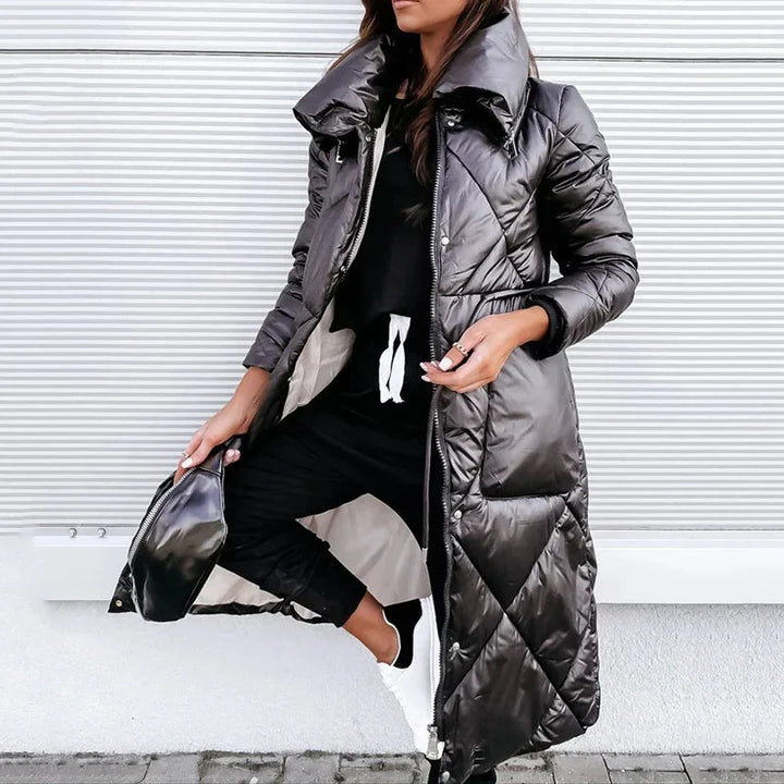 Women's Long Quilted Puffer Jacket – High Collar And Diamond Stitch