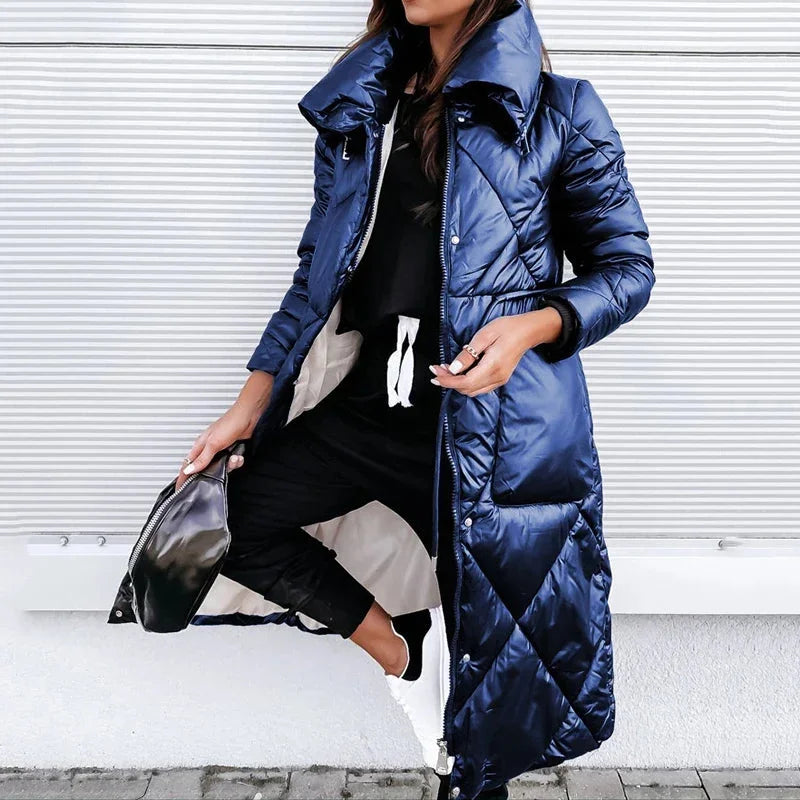 Women's Long Quilted Puffer Jacket – High Collar And Diamond Stitch