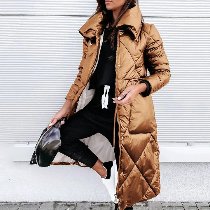 Women's Long Quilted Puffer Jacket – High Collar And Diamond Stitch