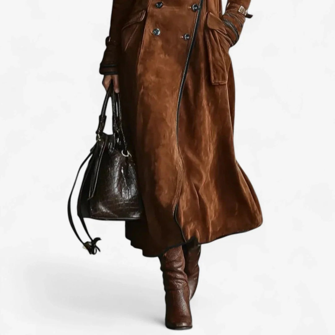 Women's Long Faux Suede Warm Sculpted Trench Coat