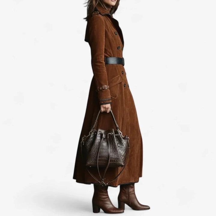 Women's Long Faux Suede Warm Sculpted Trench Coat