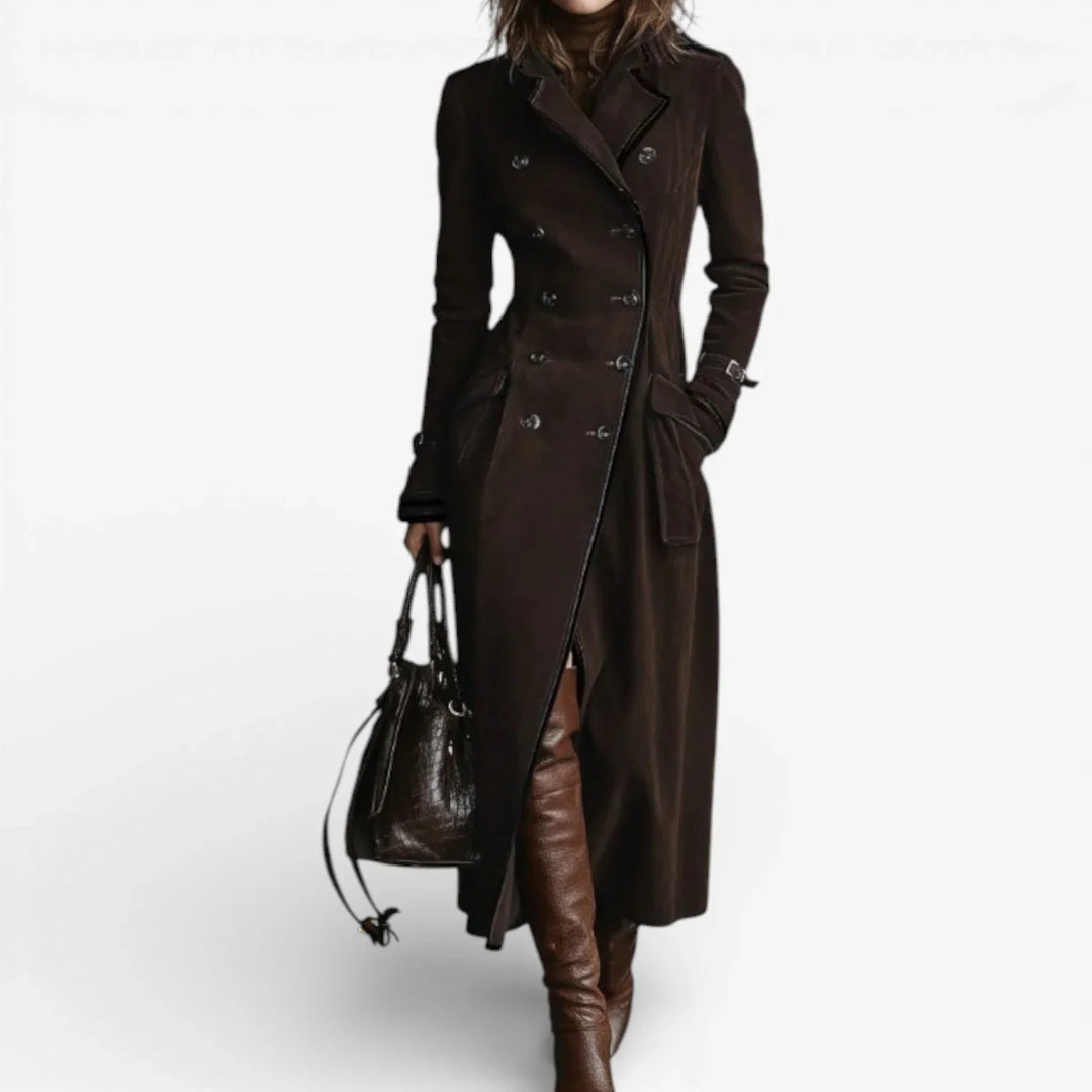 Women's Long Faux Suede Warm Sculpted Trench Coat