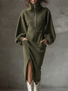 Women's Midi Dress – Fleece Half-Zip Lantern Sleeves