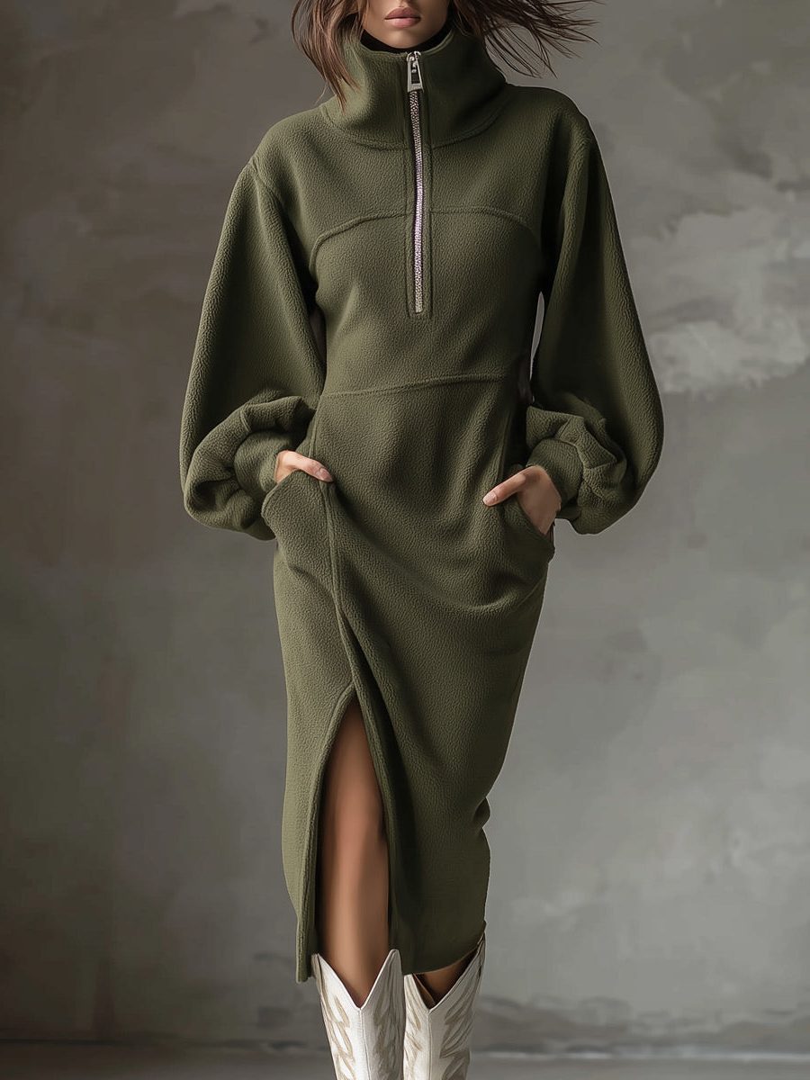 Women's Midi Dress – Fleece Half-Zip Lantern Sleeves
