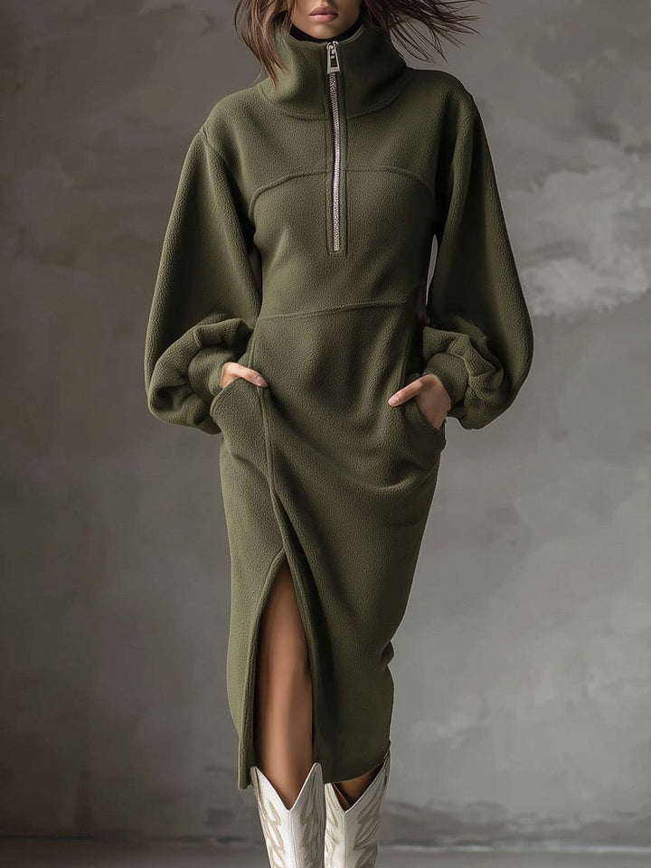 Women's Midi Dress – Fleece Half-Zip Lantern Sleeves