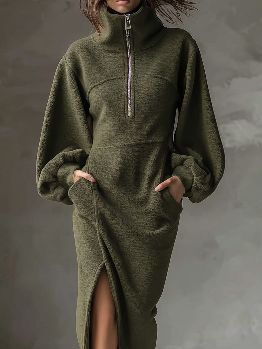 Women's Midi Dress – Fleece Half-Zip Lantern Sleeves