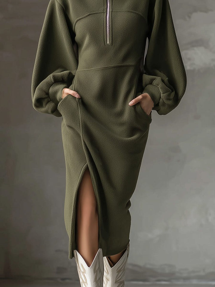 Women's Midi Dress – Fleece Half-Zip Lantern Sleeves
