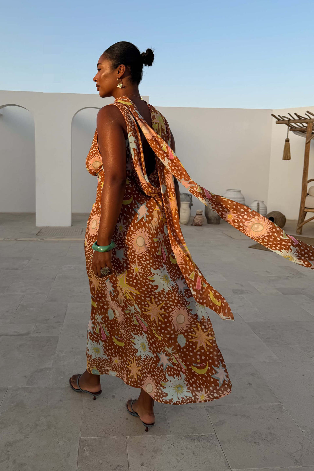 Women's Delia - Cowl Neck Halter House Dress Brown Fawn Print product image | Invictora.com