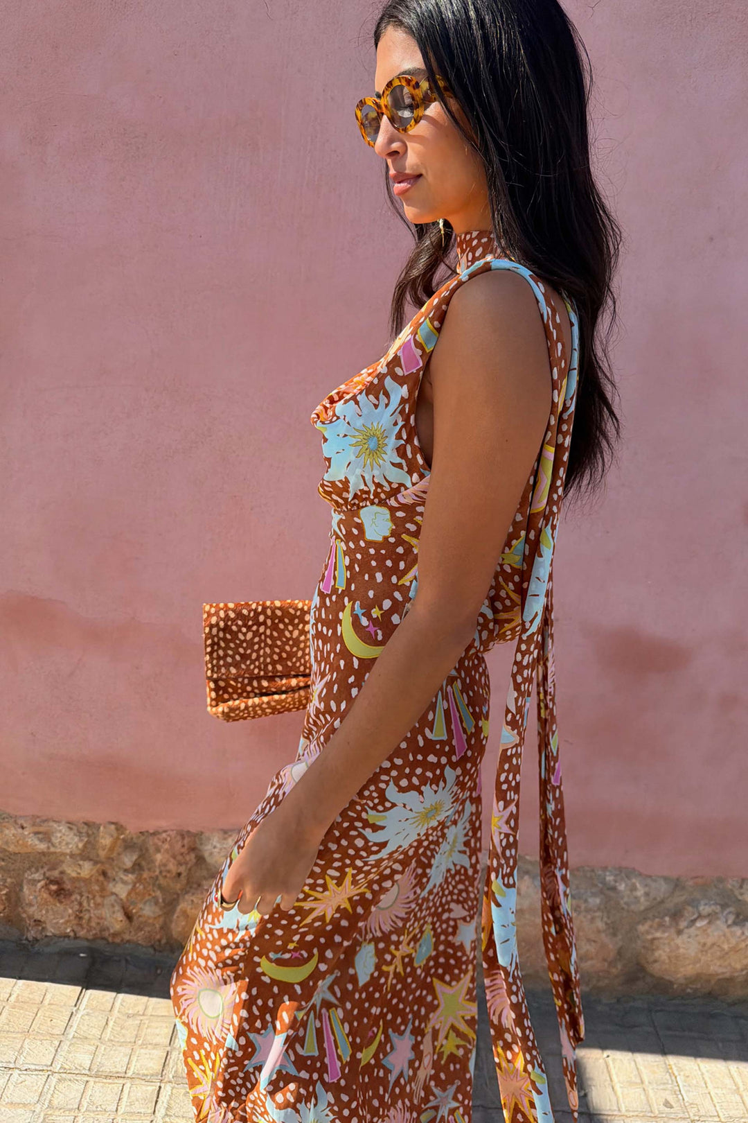 Women's Delia - Cowl Neck Halter House Dress Brown Fawn Print product image | Invictora.com