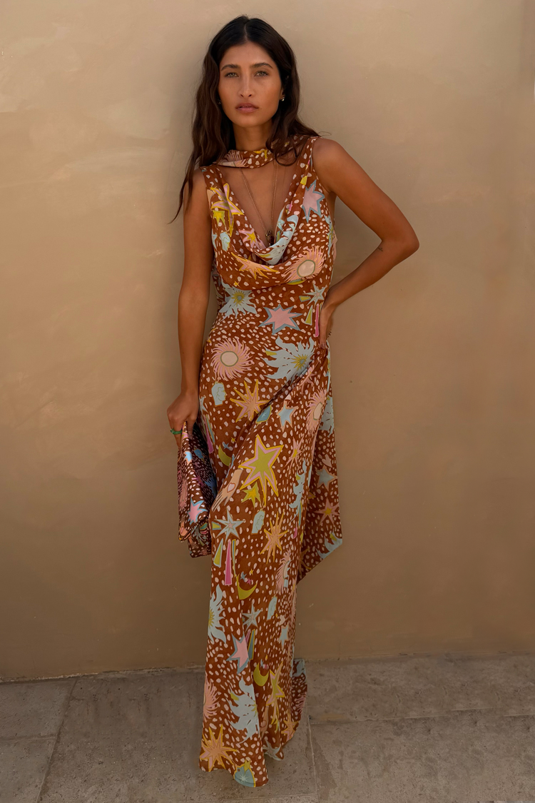 Women's Delia – Cowl Neck Halter House Dress Brown Fawn Print in Brown Fawn | Invictora.com