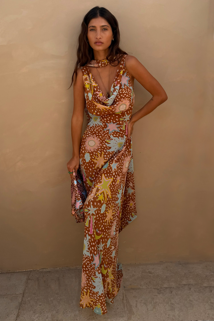 Women's Delia – Cowl Neck Halter House Dress Brown Fawn Print in Brown Fawn | Invictora.com