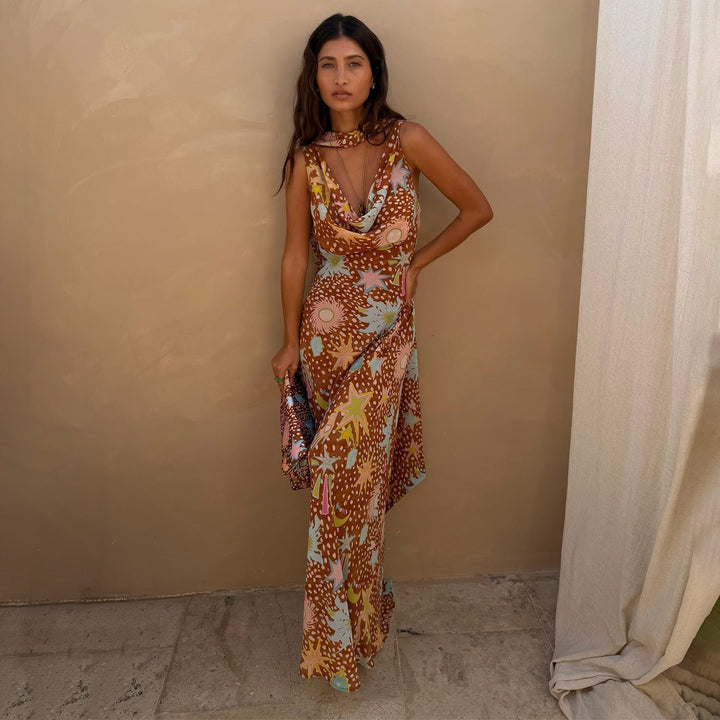 Women's Delia - Cowl Neck Halter House Dress Brown Fawn Print product image | Invictora.com