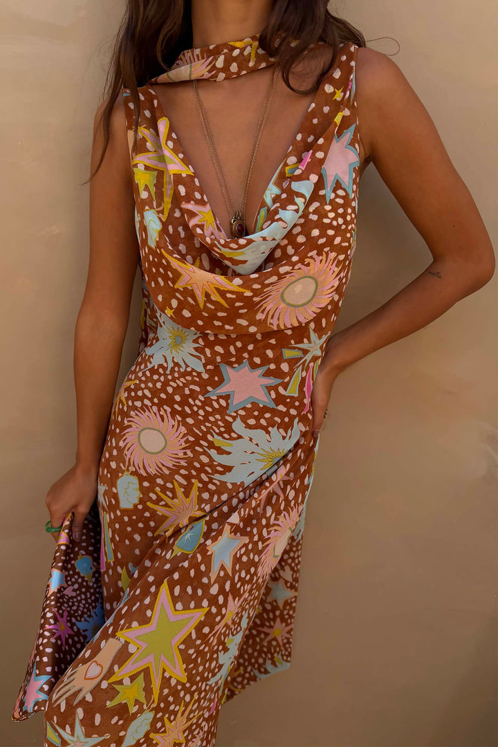 Women's Delia - Cowl Neck Halter House Dress Brown Fawn Print product image | Invictora.com