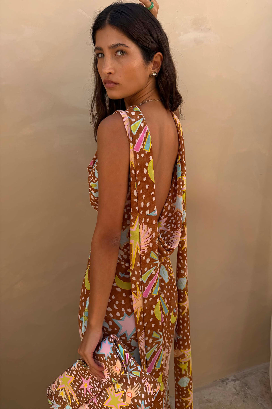 Women's Delia - Cowl Neck Halter House Dress Brown Fawn Print product image | Invictora.com