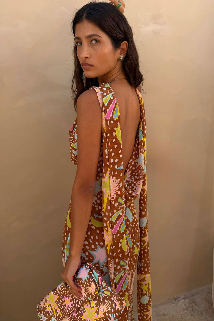 Women's Delia - Cowl Neck Halter House Dress Brown Fawn Print product image | Invictora.com
