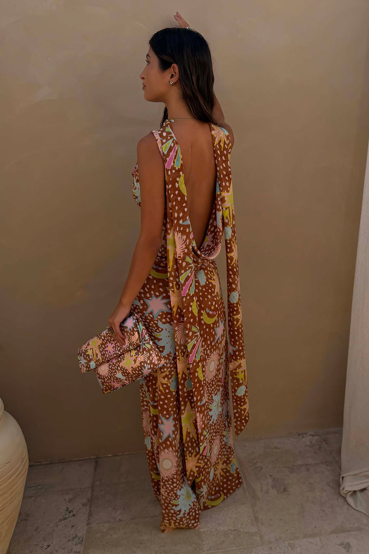 Women's Delia - Cowl Neck Halter House Dress Brown Fawn Print product image | Invictora.com