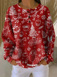 Women's Knit Button-Front Crew Neck Jumper – Christmas Doodle Print