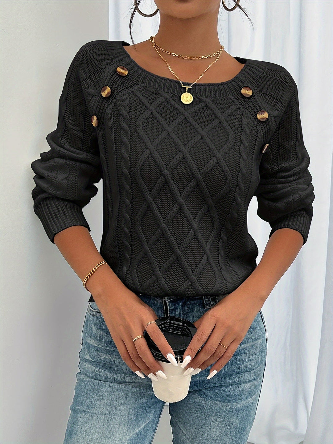 Women's Jumper – Cable Knit Button Shoulder Crew Neck