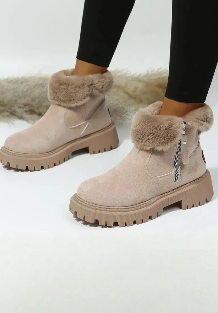 Women's Suede Side Zip Ankle Boots – Faux Fur Trim