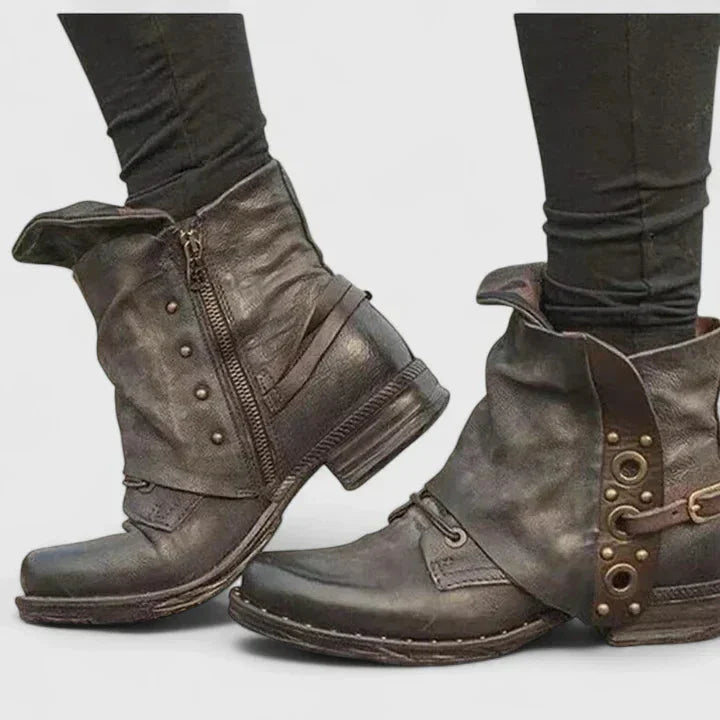 Women's Faux Leather Side Zip Ankle Boots – Buckle Strap