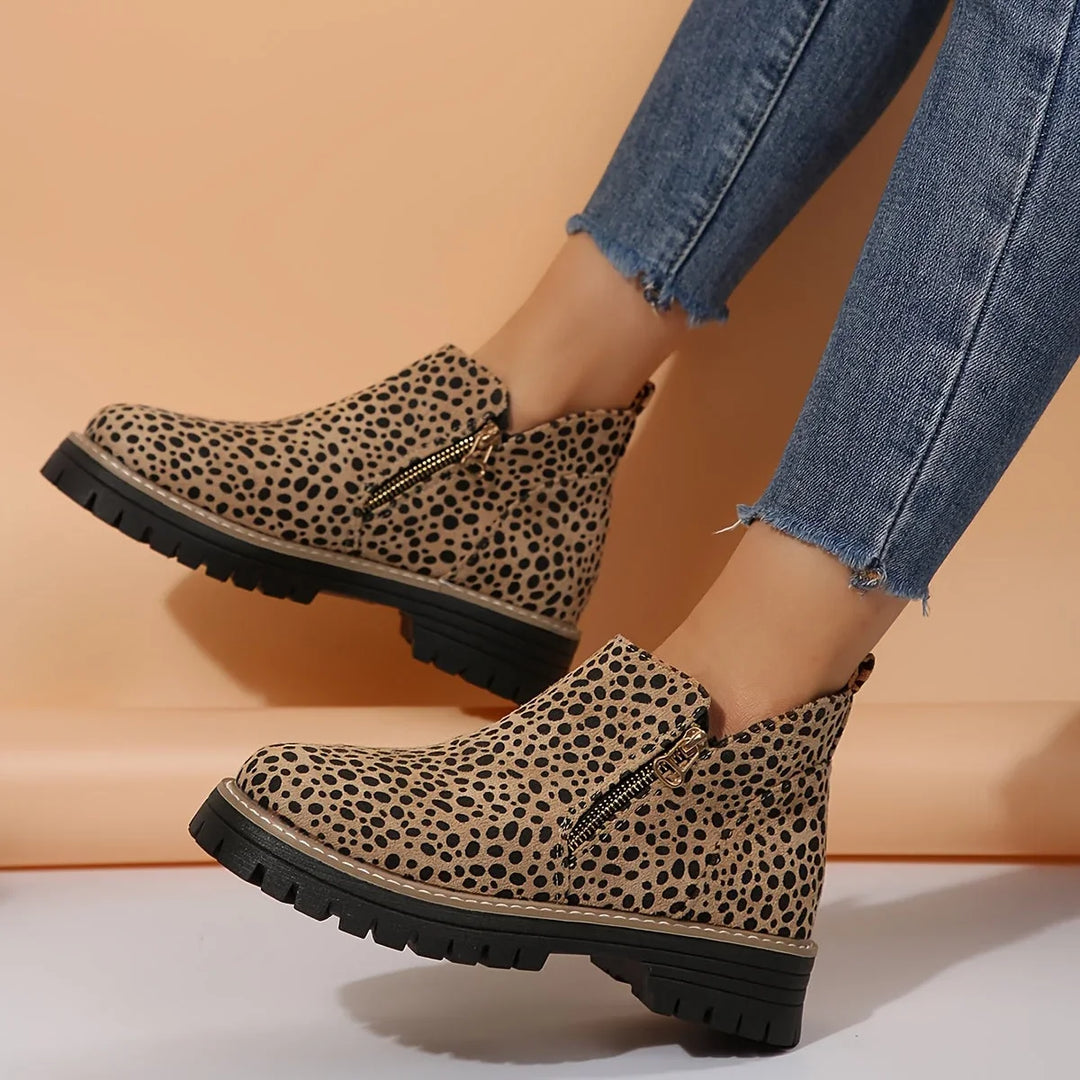 Women's Leopard Suede Side Zip Ankle Boots – Chunky Lug Sole