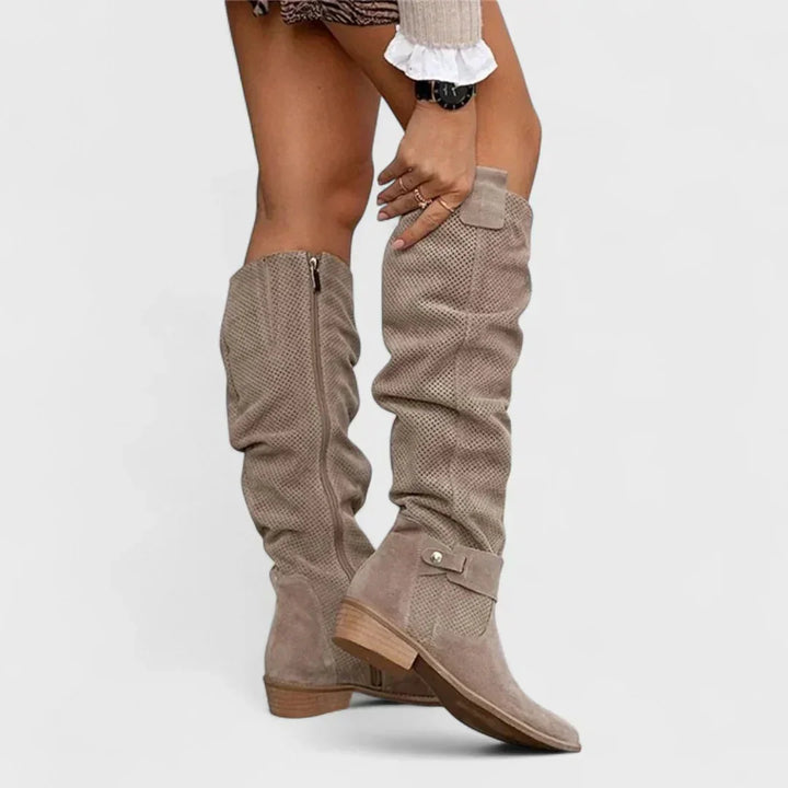 Women's Perforated Suede Side Zip Knee High Boots