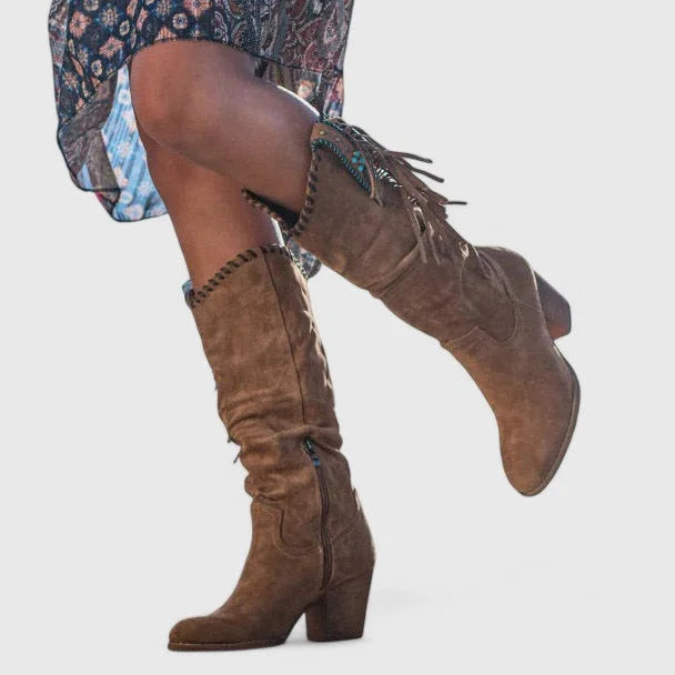 Women's Suede Side Zip Knee High Boots – Fringe