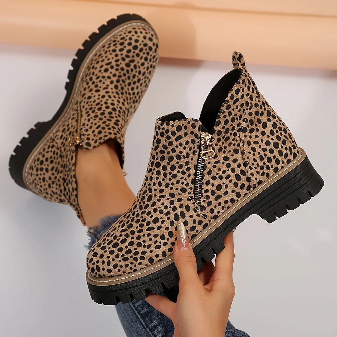 Women's Leopard Suede Side Zip Ankle Boots – Chunky Lug Sole