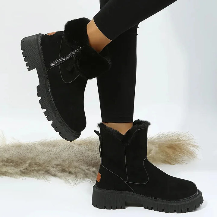 Women's Suede Side Zip Ankle Boots – Faux Fur Trim
