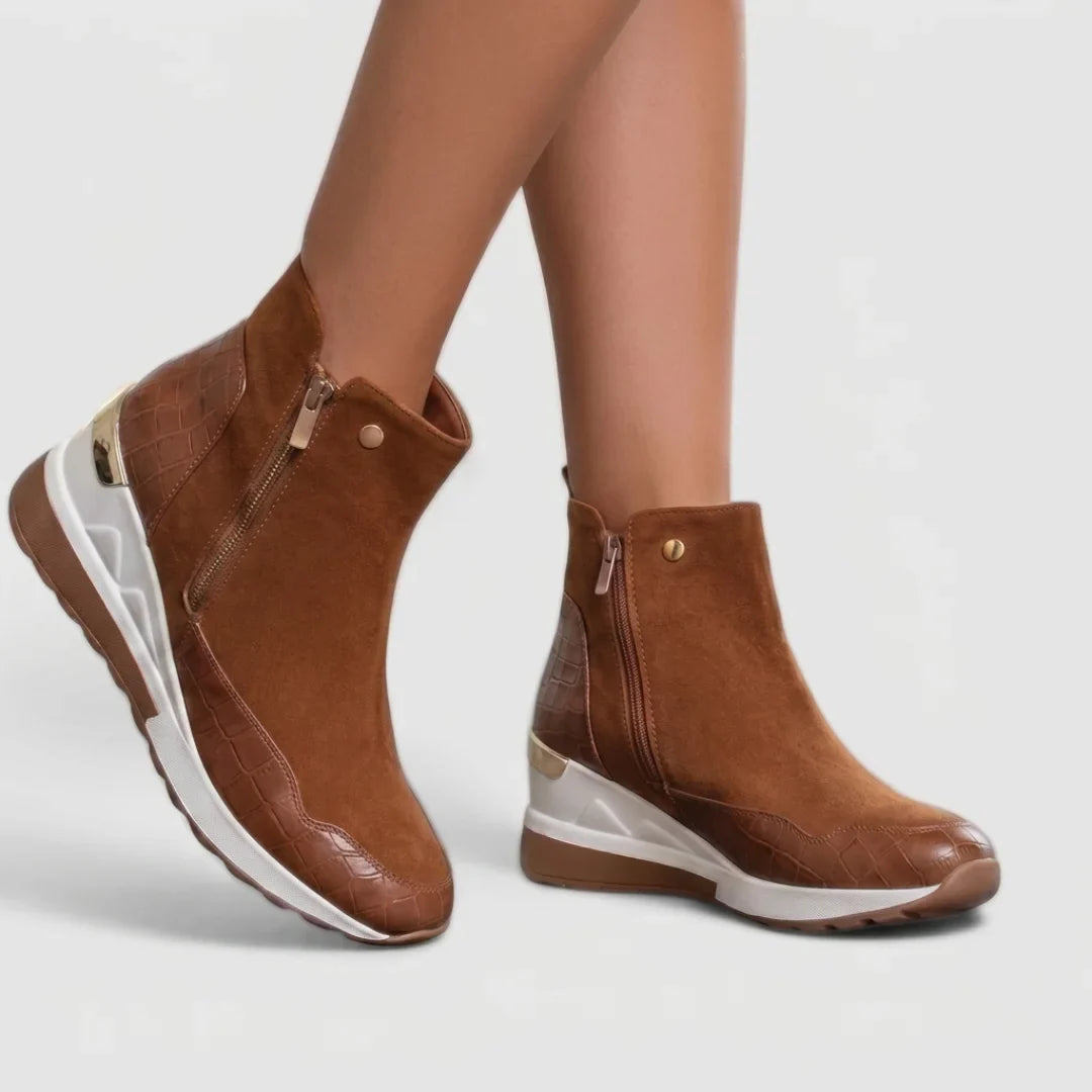 Women's Suede Side Zip Ankle Boots – Crocodile-Embossed Panels