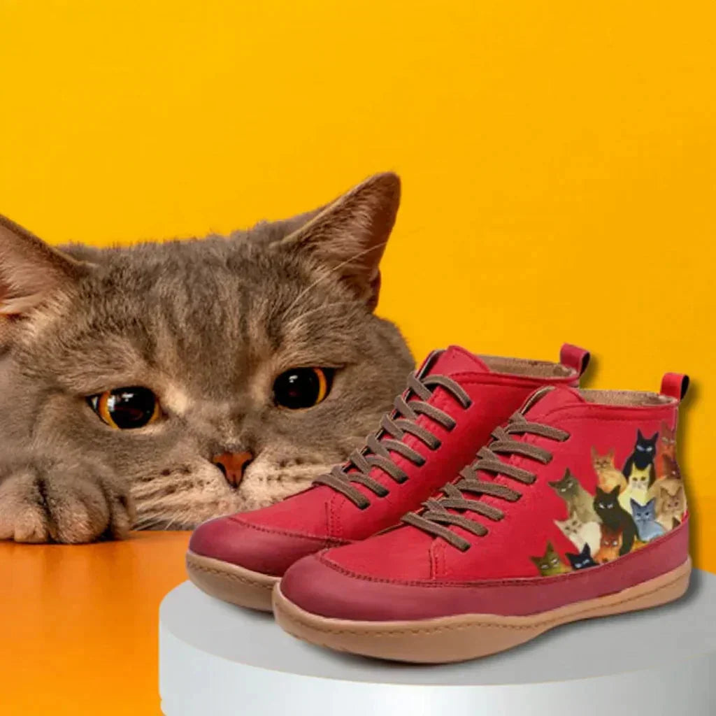 Women's Lace-Up Ankle Boots – Cat Print Graphic