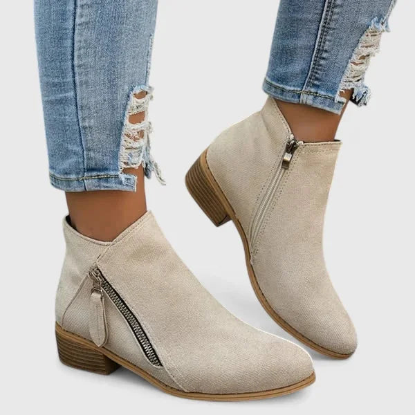 Women's Suede Side Zip Ankle Boots – Low Block Heel