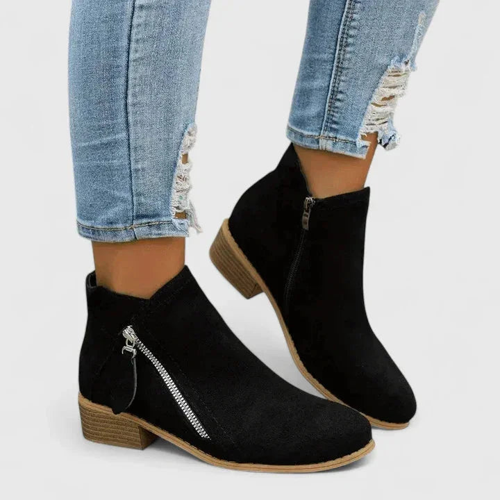 Women's Suede Side Zip Ankle Boots – Low Block Heel