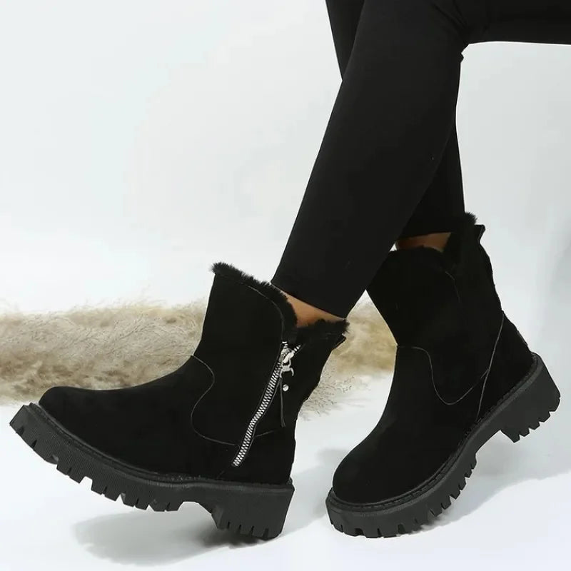Women's Suede Side Zip Ankle Boots – Faux Fur Trim