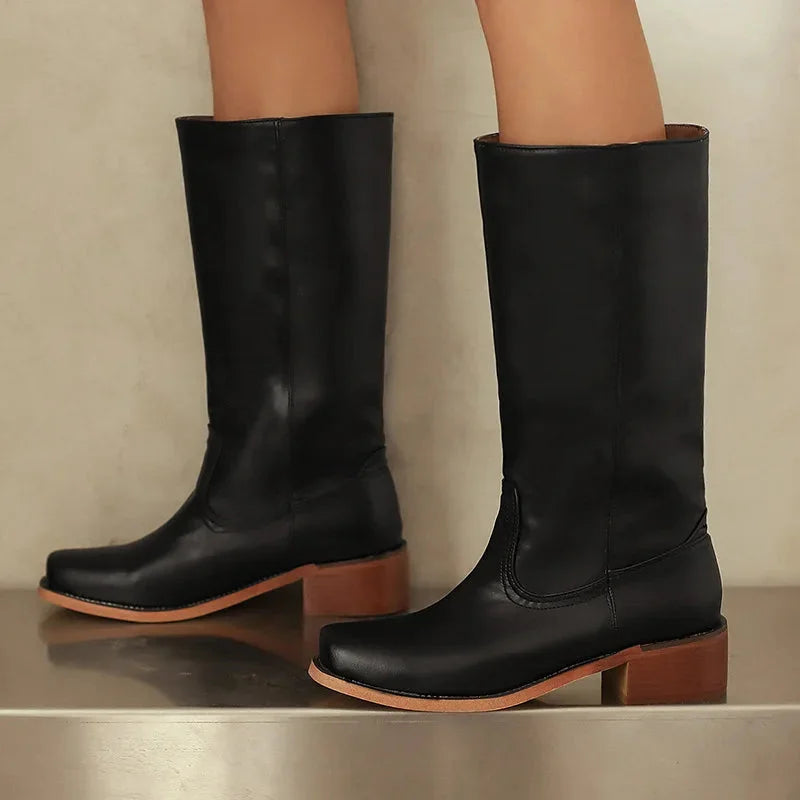 Women's Faux Leather Knee High Boots – Square Toe