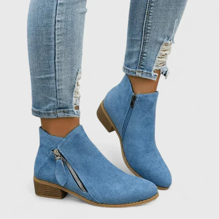 Women's Suede Side Zip Ankle Boots – Low Block Heel