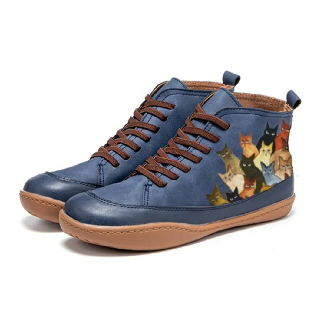 Women's Lace-Up Ankle Boots – Cat Print Graphic