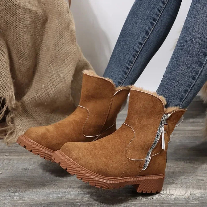 Women's Suede Side Zip Ankle Boots – Faux Fur Trim