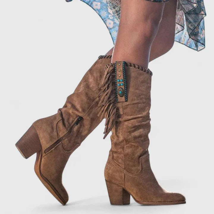 Women's Suede Side Zip Knee High Boots – Fringe