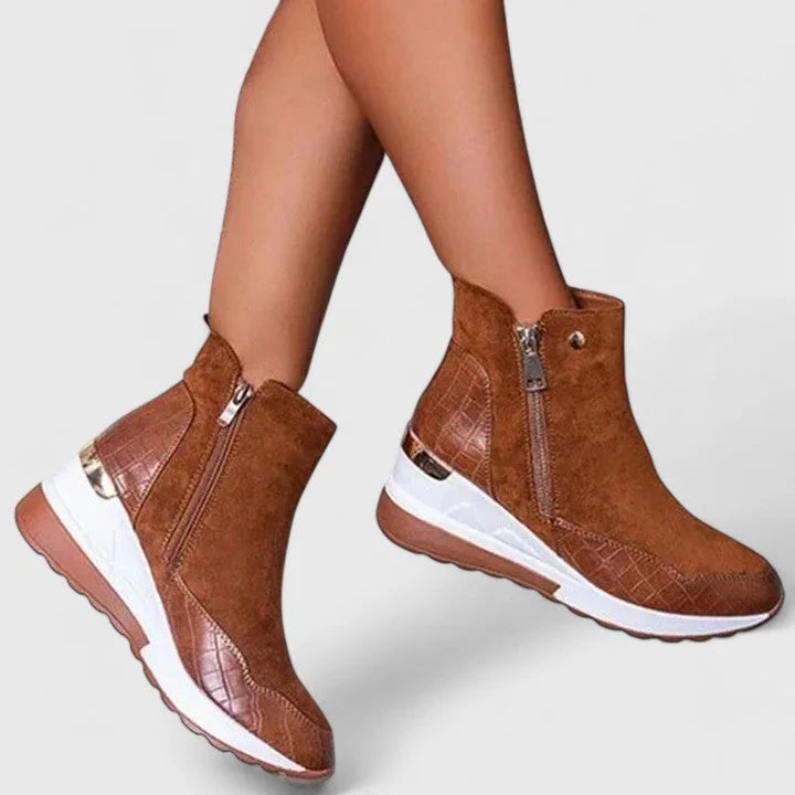 Women's Suede Side Zip Ankle Boots – Crocodile-Embossed Panels