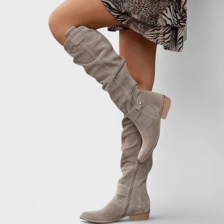Women's Perforated Suede Side Zip Knee High Boots